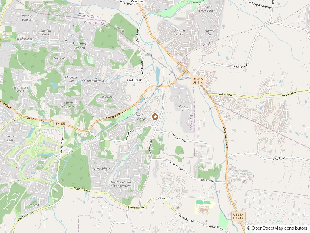 Street map of the Chestnut Springs neighborhood in Brentwood, Tennessee, with 9782 Jupiter Forest Drive marked at center, near Concord Road and Owl Creek